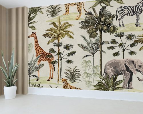 Animals and Green Palm Trees in Gray Background Wallpaper Mural A10233700