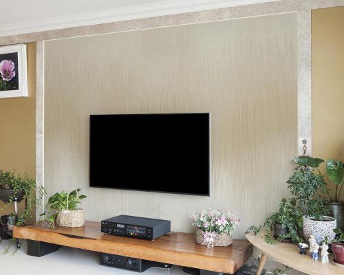Brown and Cream Fading Vertical Lines Wallpaper Mural A10234000 behind TV