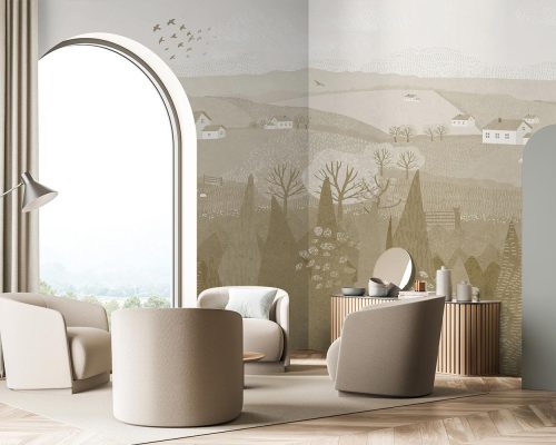 Cream Trees and Farmlands Wallpaper Mural A10238400 for living room
