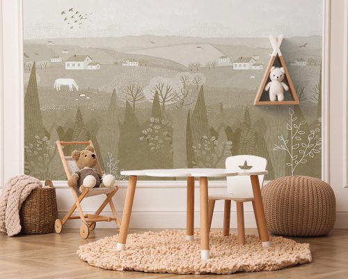 Cream Trees and Farmlands Wallpaper Mural A10238400 for kids room