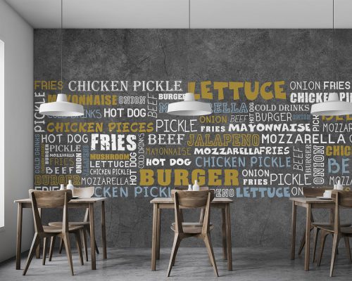 Fast Food related Typography in Gray Background Wallpaper Mural A10239100 for fast food