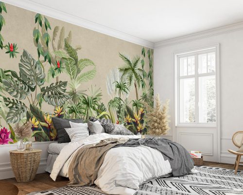 Green Tropical Jungle in Cream Background Wallpaper Mural A10239400 for bedroom