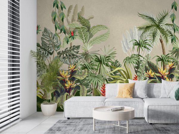 Green Tropical Jungle in Cream Background Wallpaper Mural A10239400 for living room