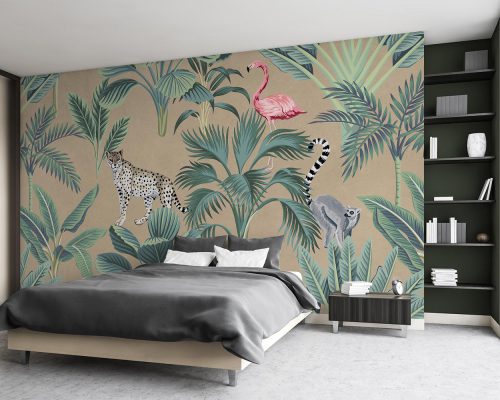 Animals and Green Palm Trees in Cream Background Wallpaper Mural A10242200 for bedroom
