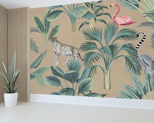 Animals and Green Palm Trees in Cream Background Wallpaper Mural A10242200