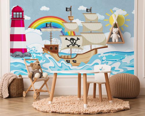 Colorful Cartoon Pirates Ship in the Ocean Under Sun and Rainbow Wallpaper Mural A10244700 for kids room