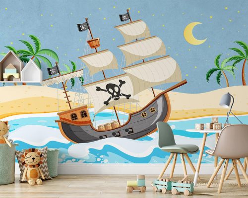 Cartoon Pirates Ship Next to an Island Wallpaper Mural A10244800 for kids room