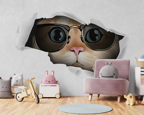 Cute Cream Cat Wearing a Glass in White Background Wallpaper Mural A10245400 for kids room