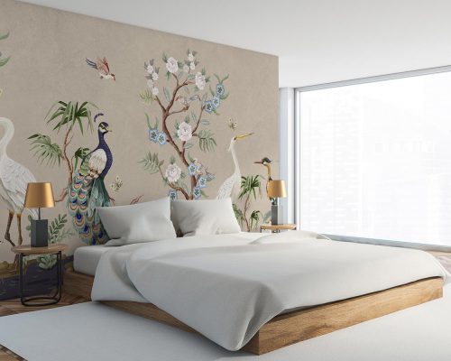 Birds and White Flowers in Light Gray Background Wallpaper Mural A10250200 for bedroom