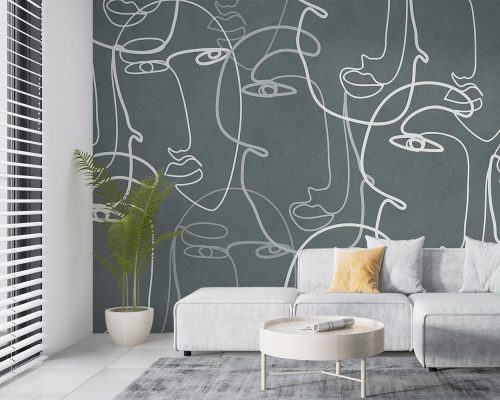Abstract Many Faces in Grayish Blue Wallpaper Mural A10252100 for living room