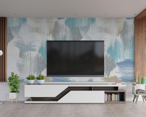 Gray and Blue Patina Wallpaper Mural A10253300 behind TV