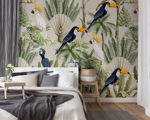 Parrots and Toucans on Green Tropical Plants Wallpaper Mural A10255100 for bedroom