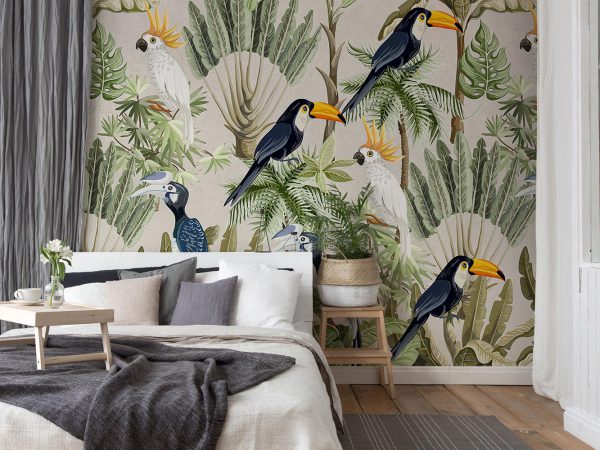 Parrots and Toucans on Green Tropical Plants Wallpaper Mural A10255100 for bedroom