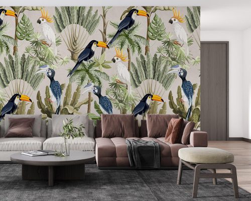 Parrots and Toucans on Green Tropical Plants Wallpaper Mural A10255100 for living room