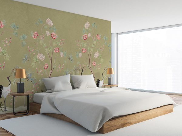 Crane Birds among Flower Trees in Cream Background Wallpaper Mural A10255200 for bedroom