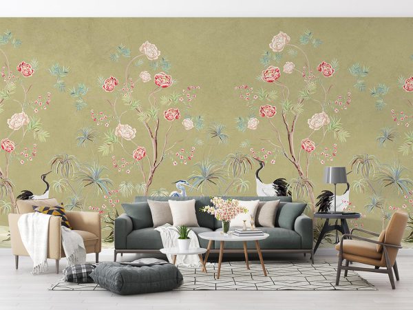 Crane Birds among Flower Trees in Cream Background Wallpaper Mural A10255200 for living room