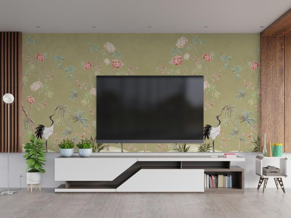 Crane Birds among Flower Trees in Cream Background Wallpaper Mural A10255200 behind TV