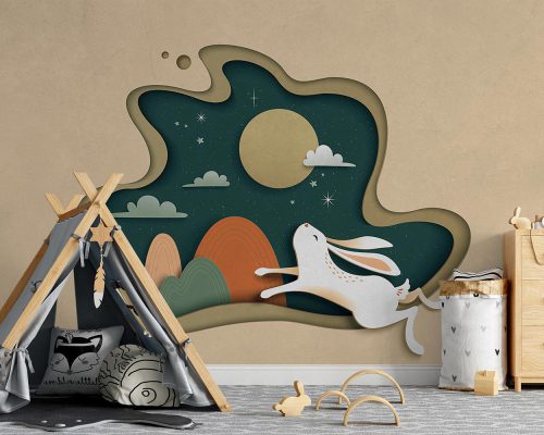 Cartoon Rabbit and Mountain Landscape at Night Wallpaper Mural A10255900 for kids room