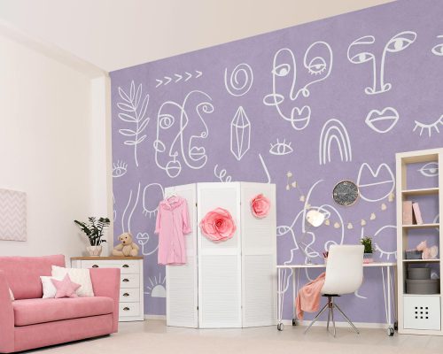 Abstract Many Faces in Purple Wallpaper Mural A10257100 for girl room