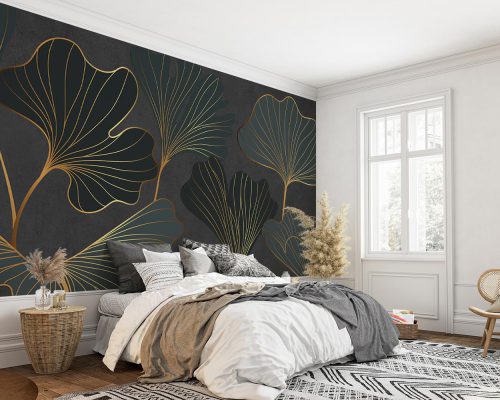 Gray and Gold Leaves in Dark Gray Wallpaper Mural A10258000 for bedroom