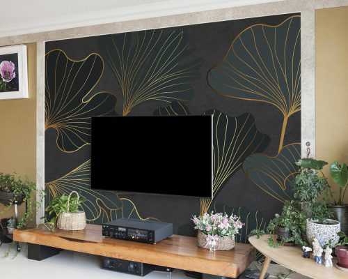 Gray and Gold Leaves in Dark Gray Wallpaper Mural A10258000 behind TV
