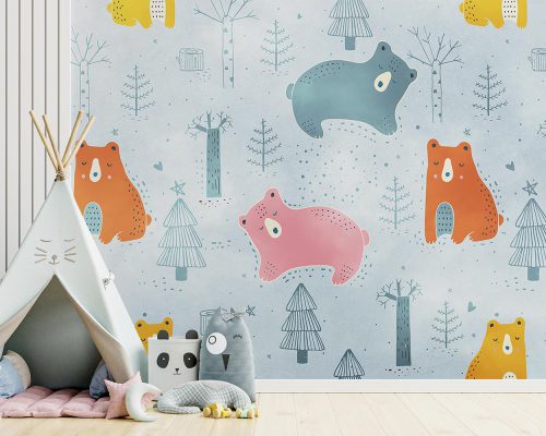 Colorful Cartoon Bears in Soft Blue Forest Wallpaper Mural A10258300 for kids room