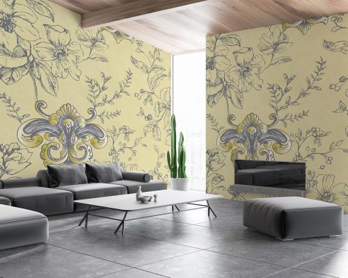 Floral and Damask Pattern in Cream Wallpaper Mural A10258900 for living room