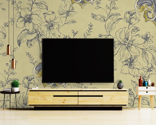 Floral and Damask Pattern in Cream Wallpaper Mural A10258900 behind TV