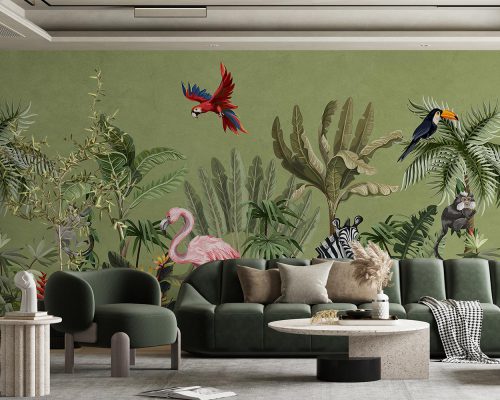 Animals in Green Tropical Jungle Wallpaper Mural A10263600 for living room