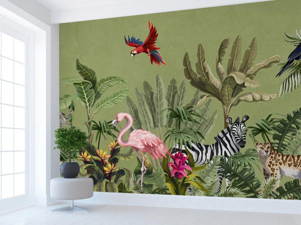 Animals in Green Tropical Jungle Wallpaper Mural A10263600