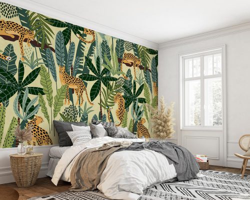 Cream Cheetahs in Green Tropical Palm Forest Wallpaper Mural A10265200 for bedroom