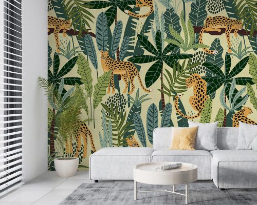 Cream Cheetahs in Green Tropical Palm Forest Wallpaper Mural A10265200 for living room