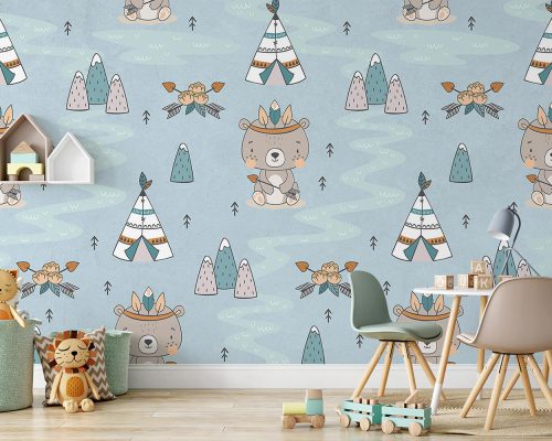 Cartoon Bears and Indian Tent in Blue Wallpaper Mural A10266100 for kids room