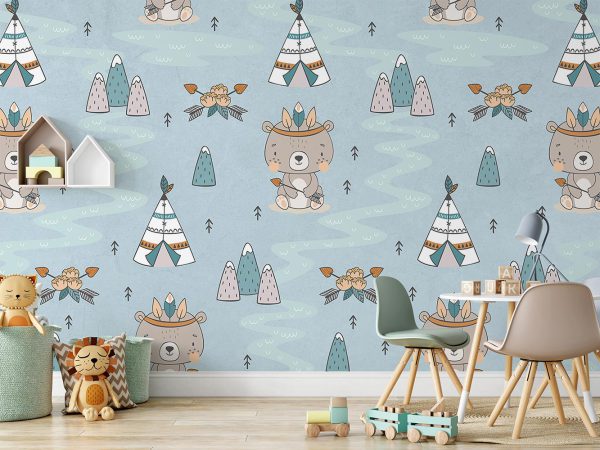 Cartoon Bears and Indian Tent in Blue Wallpaper Mural A10266100 for kids room