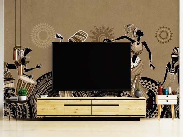 African Women in Traditional Cream Theme Wallpaper Mural A10266300 behind TV