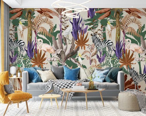 Animals among Colorful Palm Trees Wallpaper Mural A10267200 for living room