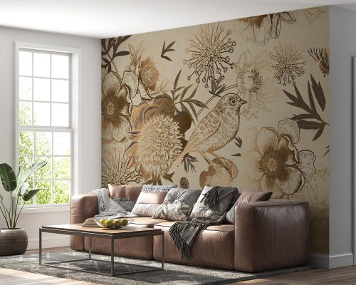 Bird and Flowers in Cream Wallpaper Mural A10267300 for living room