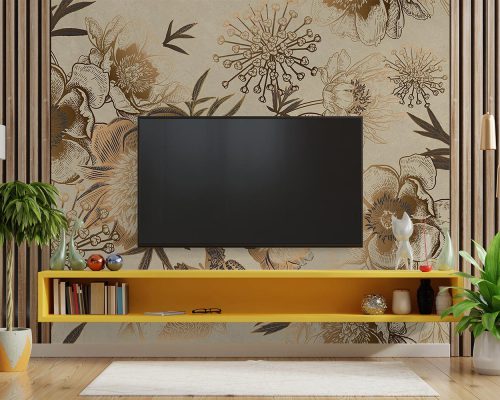 Bird and Flowers in Cream Wallpaper Mural A10267300 behind TV