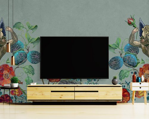Angels and Red Flowers in Grayish Blue Background Wallpaper Mural A10267500 behind TV
