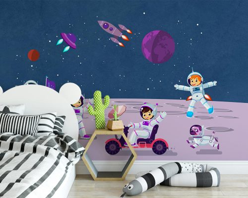 Cartoon Space Kids on Moon Under Navy Blue Sky Wallpaper Mural A10267600 for kids room