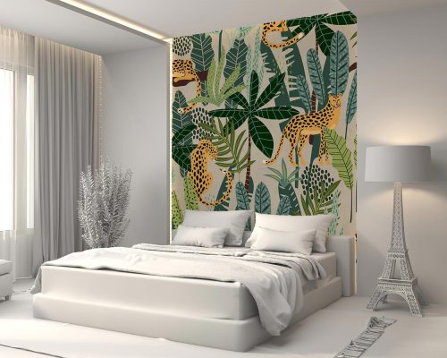 Cream Cheetahs in Green Tropical Palm Forest Wallpaper Mural A10267700 for bedroom