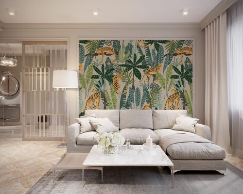 Cream Cheetahs in Green Tropical Palm Forest Wallpaper Mural A10267700 for living room