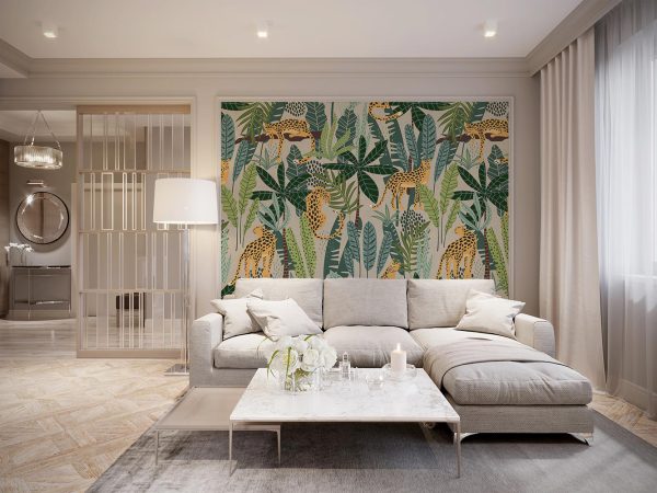 Cream Cheetahs in Green Tropical Palm Forest Wallpaper Mural A10267700 for living room