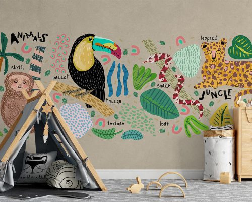 Colorful Cartoon Hand Drawn Animals in Cream Background Wallpaper Mural A10272000 for kids room