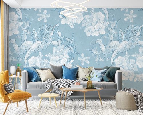 White Angels and Flowers in Blue Background Wallpaper Mural A10272300 for living room