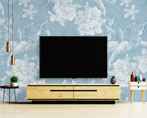 White Angels and Flowers in Blue Background Wallpaper Mural A10272300 behind TV