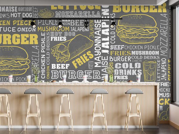 Chalkboard Burger Menu in Gray and Yellow Wallpaper Mural A10272400 for fast food