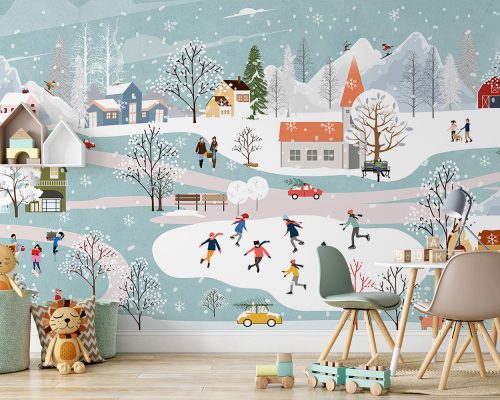 Cartoon Snowy City Landscape and Children Playing on ice Wallpaper Mural A10273800 for kids room