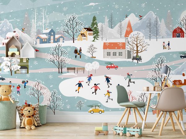 Cartoon Snowy City Landscape and Children Playing on ice Wallpaper Mural A10273800 for kids room