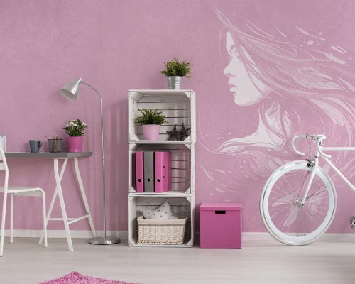 White Silhouette of a Woman Face in Lilac Background Wallpaper Mural A10273900 for girl room